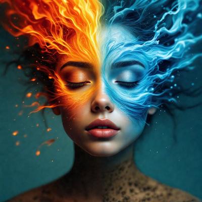 The primary subject of the image is a woman with two faces, one blue and one orange. She is surrounded by a blue background. The visual style of the image is digital art, and the dominant colors are blue and orange. The overall atmosphere of the image is vibrant and captivating.